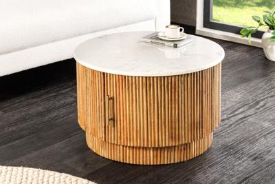 Ronde salontafel TRES CHIC 60 cm wit marmer bruin mangohout met opbergruimte - 45753