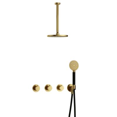 Hotbath Cobber - CB7067 - Inbouw Regendoucheset - Geborsteld Messing PVD - 2 Stopkranen - Thermostatisch - Plafondbuis 30 cm - Hoofddouche 200 mm - Ronde Handdouche 3 Standen - Waterbesparend