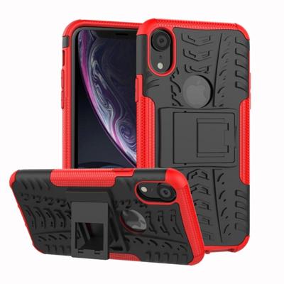 Tire Texture TPU + PC schokbestendig geval voor iPhone XR met houder (rood) Tire Texture TPU + PC schokbestendig geval voor iPhone XR met houder (rood)