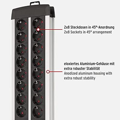 Brennenstuhl Premium-Alu-Line Techniek stekkerdoos 16-voudig Duo zwart 3m H05VV-F 3G1,5 de stopcontacten zijn schakelbaar per 8| afname per 2 - - thumbnail