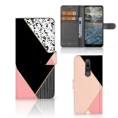 Nokia 2.4 | Book Case | Zwart Roze Vormen Nokia 2.4 | Book Case | Zwart Roze Vormen
