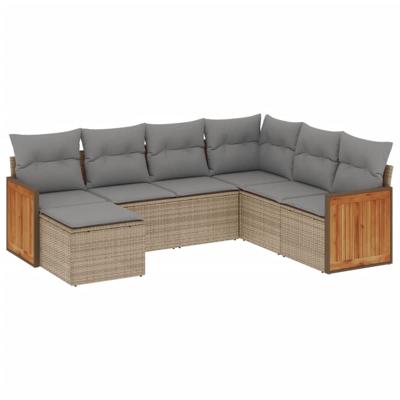 7-delige Loungeset met kussens poly rattan beige - thumbnail