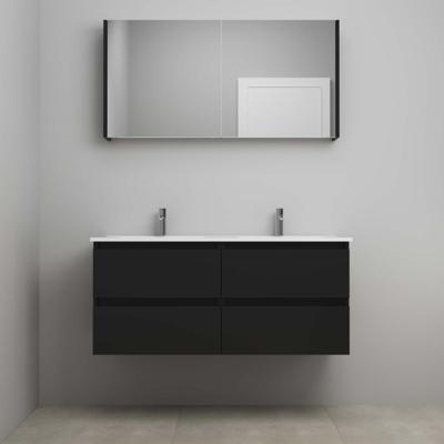 On-Line Badkamermeubelset - 120 cm - Voorgemonteerd - Porseleinen Wastafel - 2 Kraangaten - Spiegelkast - Mat Zwart