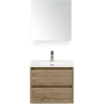 Dante Badmeubelset 60 cm - Natuur Eiken - Keramische Wastafel Wit Cover met Spiegelkast