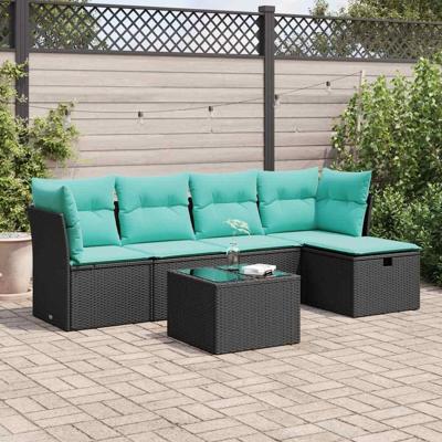 6-delige Loungeset met kussens poly rattan zwart