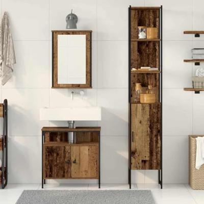 Badkamermand met ingebouwde wastafel van oud, geengineerd hout