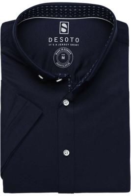 Desoto Heren Overhemd Navy Witte Knopen Korte Mouw Slim Fit
