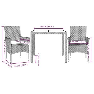 3-delige Tuinset met kussens poly rattan en glas grijs