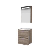 Basic-Line Premium 46 Badkamermeubelset - 50 x 46 cm - Greeploos - 2 Lades - Keramische Wastafel - 1 Kraangat - Spiegelkast met LED Verlichting - Scotch Oak - thumbnail