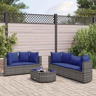 6-delige Loungeset met kussens poly rattan grijs