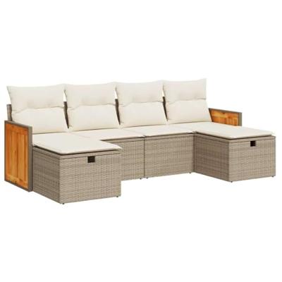 6-delige Loungeset met kussens poly rattan beige