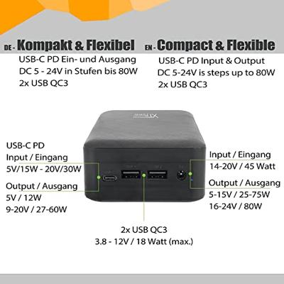 XTPower XT-27000 DC Powerbank 26800 mAh Li-ion USB, DC-aansluiting 3,5 mm Zwart Statusweergave, Gelijktijdig laden en ontladen XTPower XT-27000 DC Powerbank 26800 mAh Li-ion USB, DC-aansluiting 3,5 mm Zwart Statusweergave, Gelijktijdig laden en ontladen