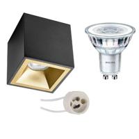Opbouwspot Set - Pragmi Cliron Pro - GU10 Fitting - Opbouw Vierkant - Mat Zwart/Goud - Verdiept - 90mm - Philips - CorePro 827 36D - 3W - Warm Wit 2700K - Dimbaar - thumbnail