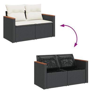3-delige Loungeset met kussens poly rattan zwart - thumbnail