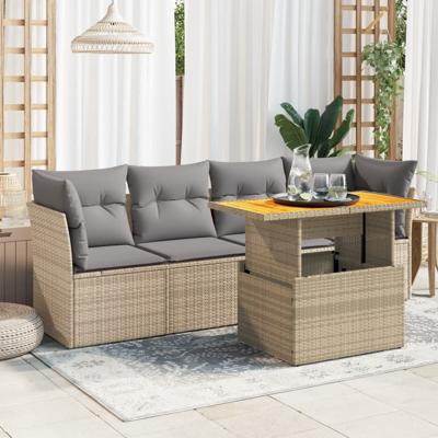 5-delige Loungeset met kussens poly rattan beige - thumbnail