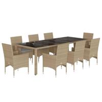 9-delige Tuinset met kussens poly rattan en glas beige - thumbnail