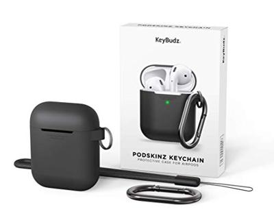 Keybudz PodSkinz AirPods Case Elevate [LED Visible] Beschermende siliconen hoes compatibel met AirPods 1 & AirPods 2 (Gen 2) (met karabijnhaak, zwart)