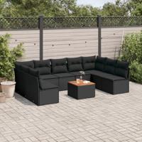 10-delige Loungeset met kussens poly rattan zwart - thumbnail