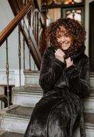 Damesbadjas fleece zwart met capuchon - Charlie Choe -l - thumbnail