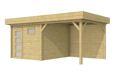 blokhut Tapuit 300x300 cm + overkapping 400 cm vuren groen geïmpregneerd- Plat dak- Geïmpregneerd vurenhout- Woodvision