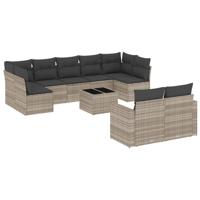 9-delige Loungeset met kussens poly rattan lichtgrijs - thumbnail