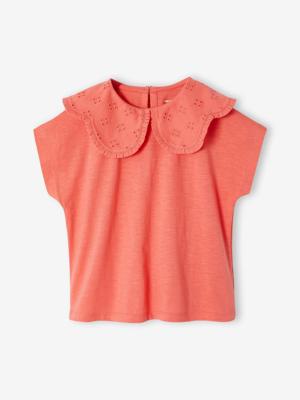 Meisjesshirt met geborduurde kraag koraal Meisjesshirt met geborduurde kraag koraal