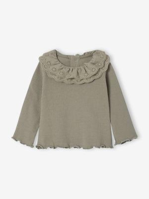 T-shirt baby met lange mouwen en geborduurde kraag kaki T-shirt baby met lange mouwen en geborduurde kraag kaki