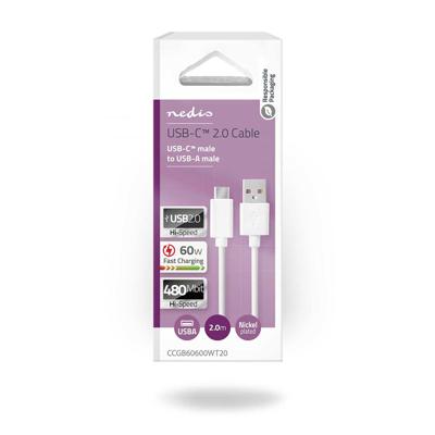 USB-Kabel | USB 2.0 | USB-A Male | USB-C Male | 480 Mbps | Vernikkeld | 2.00 m | Rond | PVC | Wit