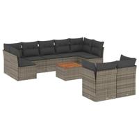 10-delige Loungeset met kussens poly rattan grijs - thumbnail