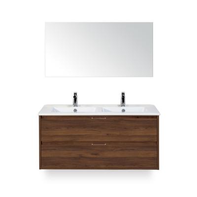 Porto Badmeubelset 120 cm - 2 laden Walnoot - Keramische Wastafel Wit Slim - met Spiegel