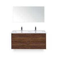 Porto Badmeubelset 120 cm - 2 laden Walnoot - Keramische Wastafel Wit Slim - met Spiegel - thumbnail