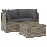 3-delige Loungeset met kussens poly rattan grijs - thumbnail