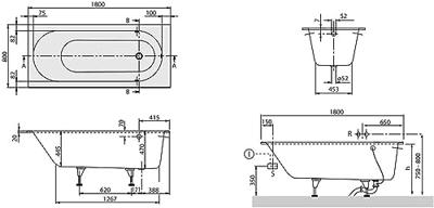 Villeroy & Boch Oberon bad - 180x80cm - quaryl met poten wit ubq180obe2v-01