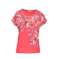 Cassis top met bladprint en borduursels corail - thumbnail
