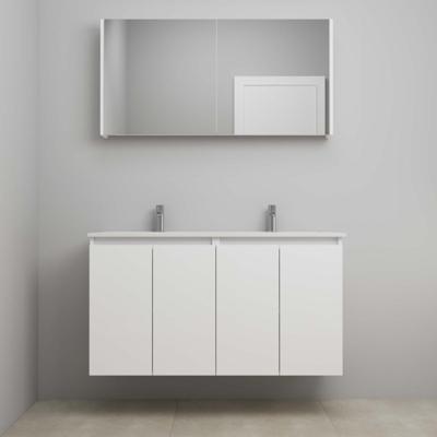 On-Line Badkamermeubelset - 120 cm - Voorgemonteerd - Greeploos 4 Deuren - Porseleinen Wastafel - 2 Kraangaten - Spiegelkast - Mat Wit
