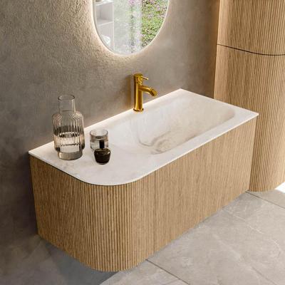 Mondiaz KURVE-DLUX 95 cm Onderkast Greeploos 1 Lade Met Deuren Oak, Wastafel Solid Surface Rechts Frappe 1 Kraangat Zonder Spiegel (KRVBGS95L1L1D1KR-Oak/Fra)