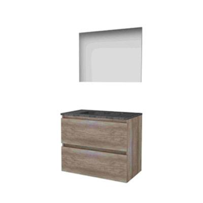 Basic-Line Basic 46 Badkamermeubelset - 80 x 46 cm - Greeploos - 2 Lades - Hardstenen Wastafel - 1 Kraangat - Spiegel - Scotch Oak