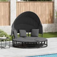 Loungebed met luifel en kussens poly rattan zwart - thumbnail