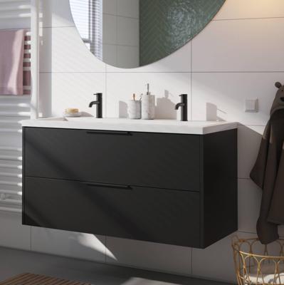 Saqu Lima badmeubel incl. glans witte wastafel met 2 kraangaten 120x52x64cm zijdeglans zwart - mat zwarte greep