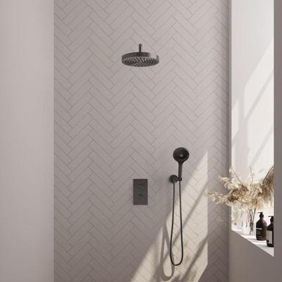 Brauer Stripe thermostatische inbouw regendouche 3-weg rechthoekig SET 17 met 25 cm douchekop en gebogen muurarm en 3-standen handdouche en doucheslang en wandaansluitbocht gunmetal geborsteld PVD