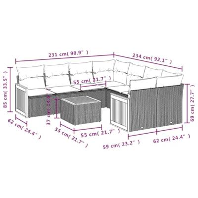 9-delige Loungeset met kussens poly rattan beige