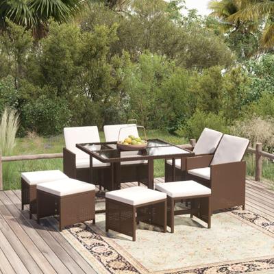 9-delige Tuinset met kussens poly rattan bruin