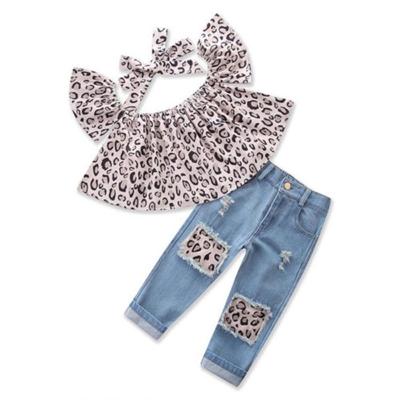 Meisjes luipaard print Tube top + denim broek + haar band set Kid grootte: 130cm (Luipaard)