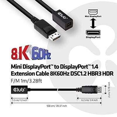 Club 3D mini displayport > displayport 1.4 (male) verlengkabel (zwart, 0,1 meter)