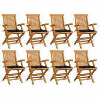 Tuinstoelen 8 st met zwarte kussens massief teakhout - thumbnail
