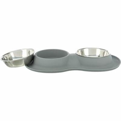 Trixie voerbak / waterbak dubbel siliconen / rvs grijs