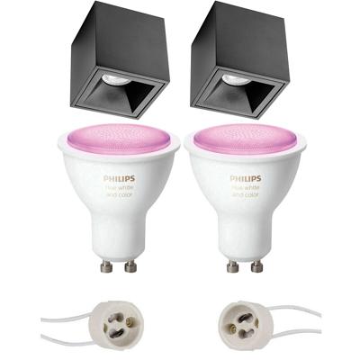 Pragmi Cliron Pro - Opbouw Vierkant - Mat Zwart - Verdiept - 90mm - Philips Hue - Opbouwspot Set GU10 - White and Color Ambiance - Bluetooth