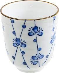 Blauw/Witte Theekop Cherry - Keramisch met Bruine Rand - 7.1 x 8.5cm Blauw/Witte Theekop Cherry - Keramisch met Bruine Rand - 7.1 x 8.5cm