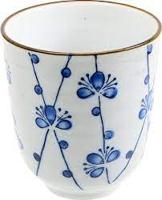 Blauw/Witte Theekop Cherry - Keramisch met Bruine Rand - 7.1 x 8.5cm - thumbnail