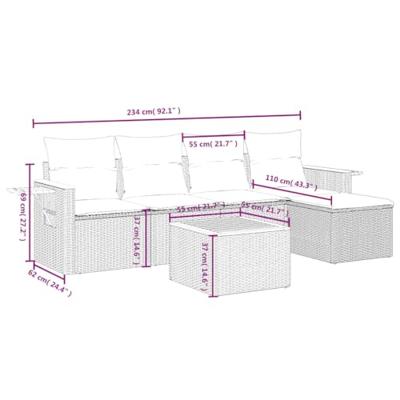 6-delige Loungeset met kussens poly rattan grijs